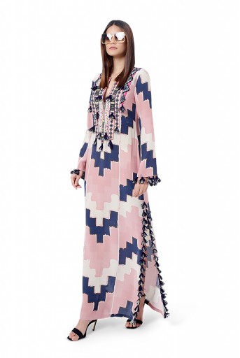PS-FW781  Iqra Blush Pink Colour Printed Crepe Embroidered High-Slit Kaftan