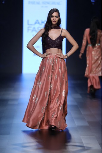 PS-FW430 Irma Purple Mukaish Georgette Bustier and Dupatta with Coral Silk Palazzo Lehenga