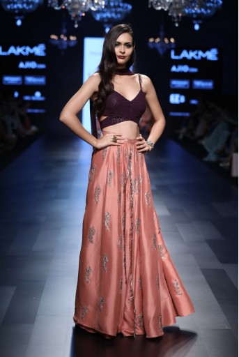 PS-FW430 Irma Purple Mukaish Georgette Bustier and Dupatta with Coral Silk Palazzo Lehenga