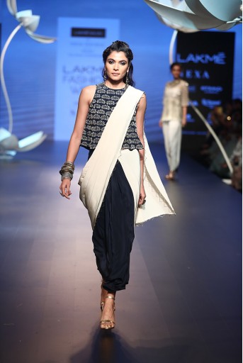 PS-FW527 Irmak Navy Crepe Top with Navy and Stone Crepe Saree