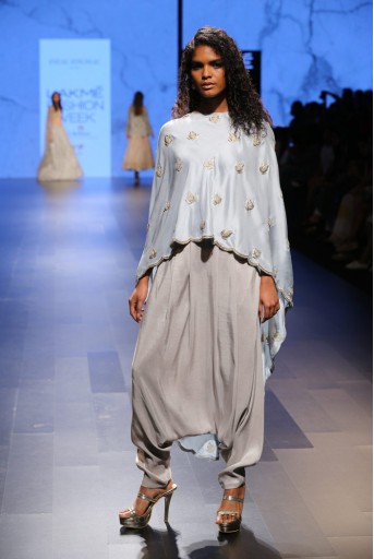 PS-FW405 Ittar Powder Blue Silk Cape with Dove Grey Silk Camisole and low Crotch Pant