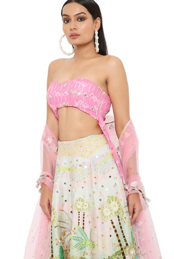 PS-LH0118  Ivana Pink Kite Print Georgette Embroidered Bustier And Tropical Print Dupion Silk Lehenga With Pink Mukaish Net Dupatta
