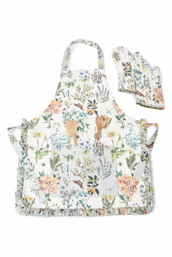 PS-AM0004  Ivory and Aqua Colour Printed Canvas Apron with Mittens and Pouch Set in Gift Box