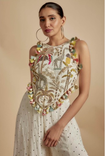 PS-CS0077-C  Ivory Embroidered Back Tie-Up Choli With Sharara