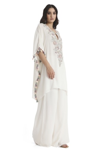 PS-KP0341  Ivory Embroidered Crepe Kaftan With Crepe Palazzo