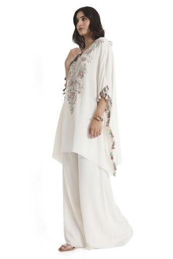 PS-KP0341  Ivory Embroidered Crepe Kaftan With Crepe Palazzo