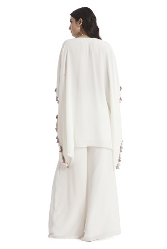 PS-KP0341  Ivory Embroidered Crepe Kaftan With Crepe Palazzo