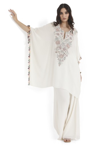 PS-KP0341  Ivory Embroidered Crepe Kaftan With Crepe Palazzo