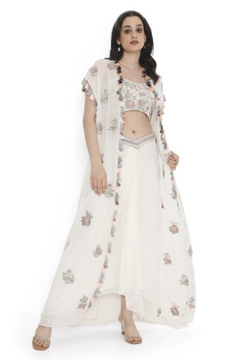 PS-JK0119  Ivory Embroidered Georgette Bustier With Jacket And Dhoti Skirt