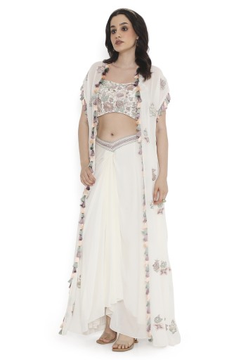 PS-JK0119  Ivory Embroidered Georgette Bustier With Jacket And Dhoti Skirt