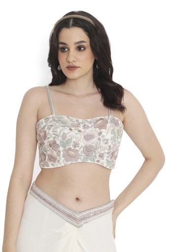 PS-JK0119  Ivory Embroidered Georgette Bustier With Jacket And Dhoti Skirt