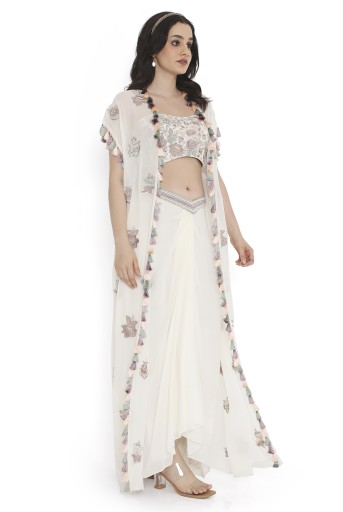 PS-JK0119  Ivory Embroidered Georgette Bustier With Jacket And Dhoti Skirt