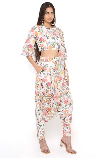 PS-ST1188-NNN  Ivory Hand Painted Print Art Crepe Top And Low Crotch Pants With Attached Drape