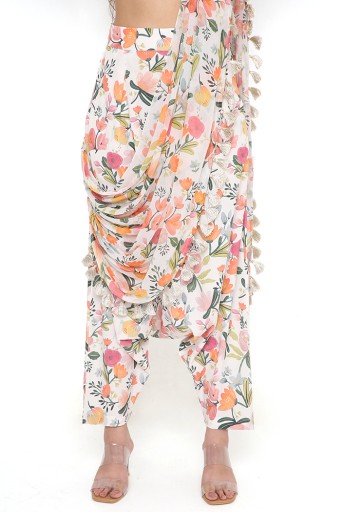 PS-ST1188-NNN  Ivory Hand Painted Print Art Crepe Top And Low Crotch Pants With Attached Drape