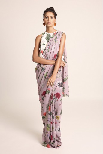 PS-ST1207L Ivory Printed Art Crepe Top with Lilac Printed Art Georgette Saree
