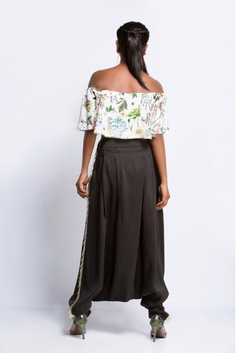 PS-FW425D Ivory Printed Crepe Off Shoulder Ruffle Top and Black Silk Low Crotch Pant