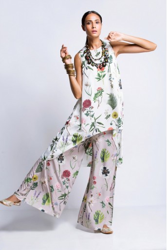 PS-FW420K Ivory Printed Crepe Tunic with Lilac Printed Semi Crepe Low Crotch Pant