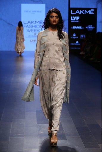 PS-FW398 Junoon Dove Grey Silk Top and Low Crotch Pant with Powder Blue Dupion Silk Jacket