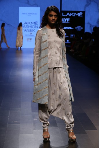 PS-FW398 Junoon Dove Grey Silk Top and Low Crotch Pant with Powder Blue Dupion Silk Jacket