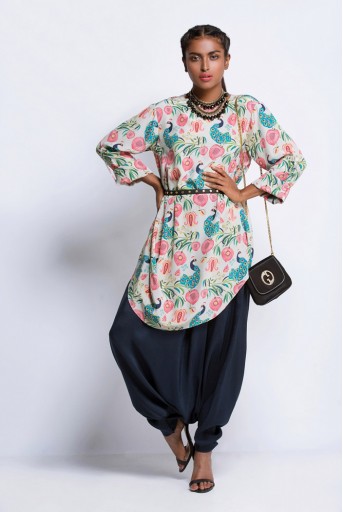 PS-ST0940 Khaki Printed Crepe Cowl Tunic with Navy Silk Low Crotch Pant