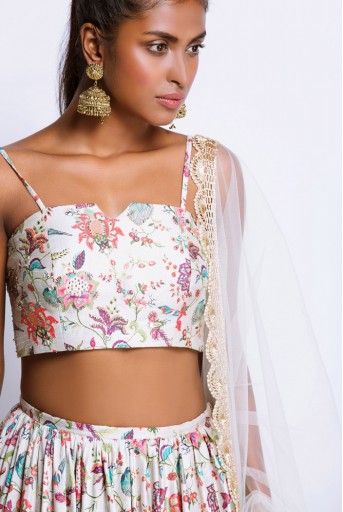 PS-FW374M Khaki Printed Dupion Silk Bustier and Frill Hem Skirt and Tulle Dupatta