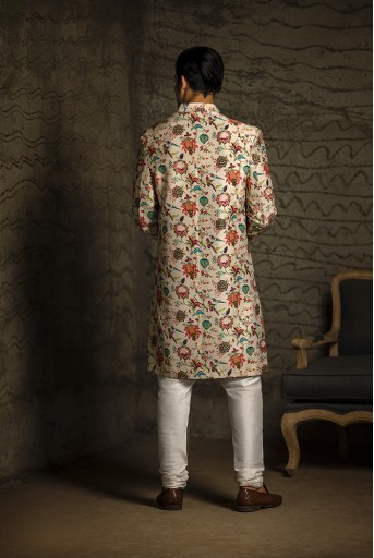 PS-MN086 Khaki Printed Dupion Silk Sherwani with Off White Cotton Silk Churidar