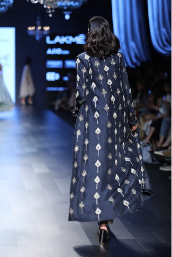 PS-FW440 Kris Blush Printed Crepe Bustier and low Crotch pant with Navy Silk Duster Jacket