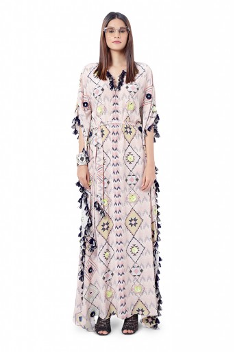 PS-FW785  Kyra Blush Pink Colour Crepe Embroidered Kaftan with Belt
