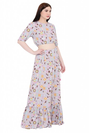 PS-FW615-EE  Lavender Colour Printed Art Crepe Skirt Set