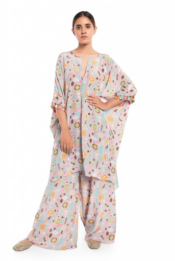 PS-PT0014  Lavender Colour Printed Crepe Kaftan with Palazzo Pants and Matching Reversible 3 Ply Mask with Hairband and Pouch
