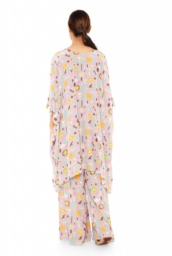 PS-PT0014  Lavender Colour Printed Crepe Kaftan with Palazzo Pants and Matching Reversible 3 Ply Mask with Hairband and Pouch
