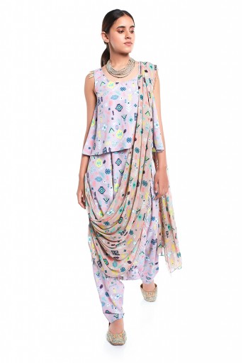 PS-ST1367-R  Lavender Lime Colour Printed Art Crepe Top and Low Crotch pant with Attached Art Georgette Drape Dupatta