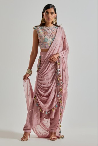 PS-TL0051  Lilac Choli with Mukaish Low Crotch Pants & Drape