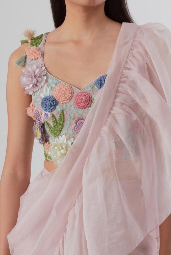 PS-SR0068  Lilac Embroidered Choli And Pre-Stitched Saree With Frill