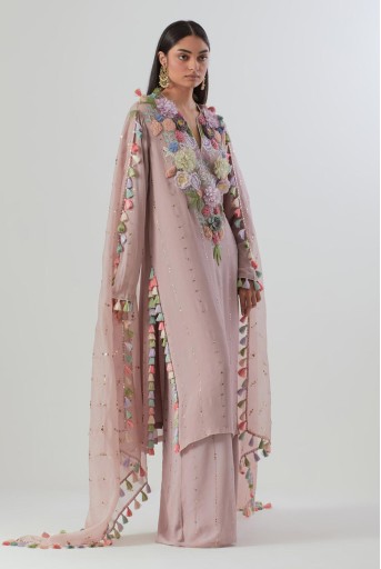PS-KP0320  Lilac Embroidered Kurta And Palazzo With Dupatta