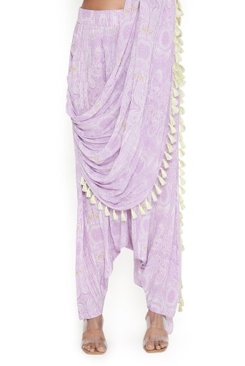 PS-ST1188-MMM  Lilac Ps Print Crepe Top And Lowcrotch Pant With Attached Drape Pant