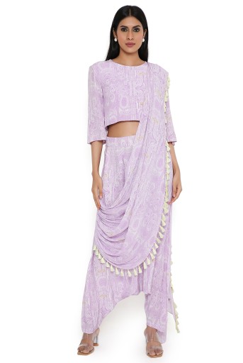 PS-ST1188-MMM  Lilac Ps Print Crepe Top And Lowcrotch Pant With Attached Drape Pant