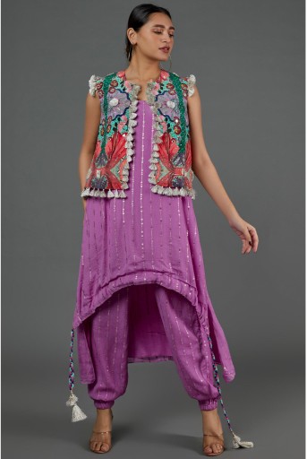 PS-JK0061-F  Lilac Sequin High Low Kurta With Jogger Pants & Embroidered Jacket