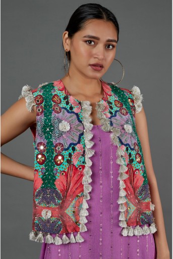PS-JK0061-F  Lilac Sequin High Low Kurta With Jogger Pants & Embroidered Jacket