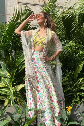PS-LH0052-C  Lime Green Colour Embroidered Choli With Cream Printed Lehenga And Net Dupatta