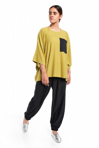 PS-TP0043  Lime Green Colour Jersey Kaftan Top with Black Colour Jersey Pocket Detailing