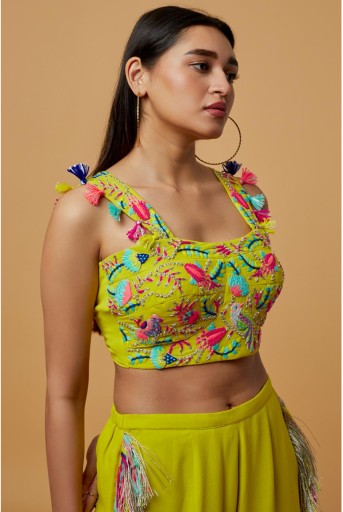PS-TL0018-B  Lime Green Embroidered Bustier With Cropped Culotte Pant