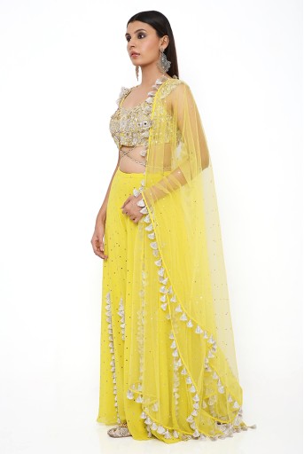 PS-CS0046-A  Lime Green Georgette Embroidered Choli And Mukaish Georgette Sharara With Mukaish Net Dupatta