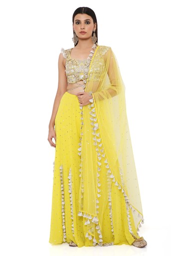 PS-CS0046-A  Lime Green Georgette Embroidered Choli And Mukaish Georgette Sharara With Mukaish Net Dupatta