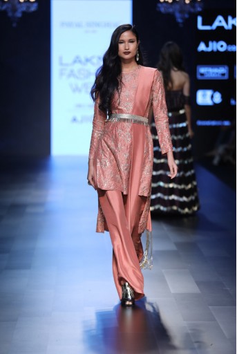 PS-FW431 Lina Coral Silk High Low Kurta with Palazzo and Dupatta with Tassels and Waist Belt