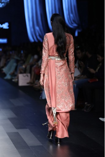 PS-FW431 Lina Coral Silk High Low Kurta with Palazzo and Dupatta with Tassels and Waist Belt