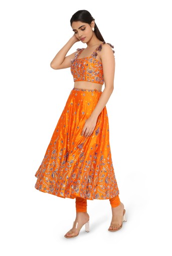 PS-CS0019  Lisa Orange Bandhani Embroidered Choli And Skirt With Attached Soft Net Churidar