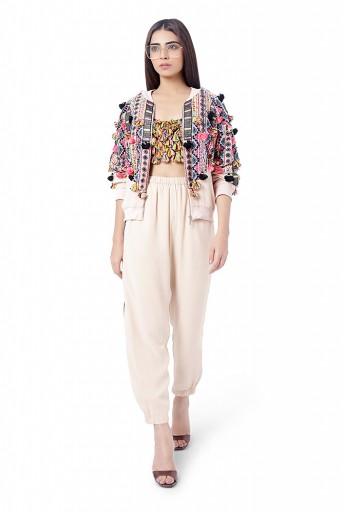 PS-FW760  Mahah Stone Colour Georgette Embroidered Bomber Jacket with Jogger Pant and Black Georgette Embroidered Bustier