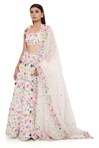 PS-LH0121  Alice Stone Georgette Embroidered Halter Neck Choli and Lehenga With Mukaish Organza Dupatta