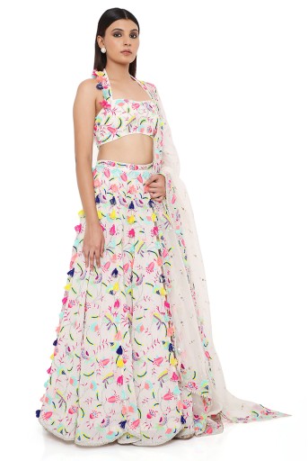 PS-LH0121  Alice Stone Georgette Embroidered Halter Neck Choli and Lehenga With Mukaish Organza Dupatta